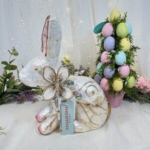 Handcrafted Capiz Shell Rabbit Jeweled Pink & Gold Tone Accented & Butterfly NEW